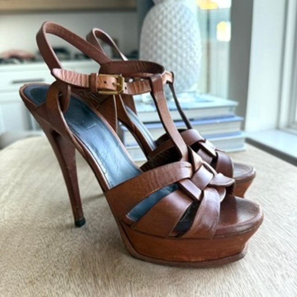 YSL SAINT LAURENT Tribute Platform Sandal Heel Cognac Leather 37.5 Italy Strappy